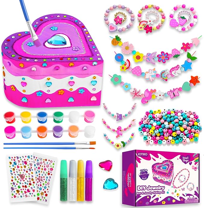 Paint Your Own Jewelry Box & Jewelry Making Kit - Arts and Crafts Painting Kits for Kids Girls Age 6-8, 250 PCS Wooden Beads Bracelets Making Kit Toys Gifts for Christmas Birthday 8-12 Years Old