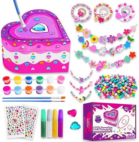 Paint Your Own Jewelry Box & Jewelry Making Kit - Arts and Crafts Painting Kits for Kids Girls Age 6-8, 250 PCS Wooden Beads Bracelets Making Kit Toys Gifts for Christmas Birthday 8-12 Years Old