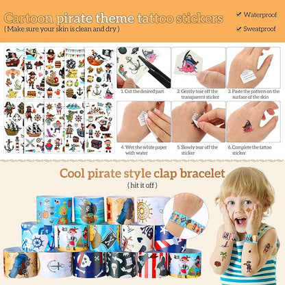 Spakon 283 Pcs Pirate Party Favors Supplies Halloween Party Include Pirate Pendants Bracelets Cup Straw Keychains Rings Eye Masks Mustache Tattoo Stickers Gold Coins Cards for Birthday Party