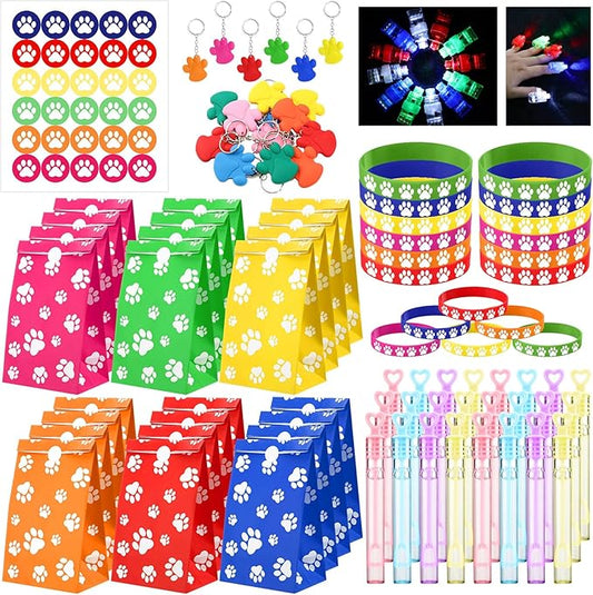 150 Pcs Paw Print Party Favors Cute Puppy Party Favors Paw Print Party Bags Paw Print Keychain Bubble Wands LED Finger Lights Silicone Bracelet DIY Stickers Boys Girl Dog Birthday Party Gift