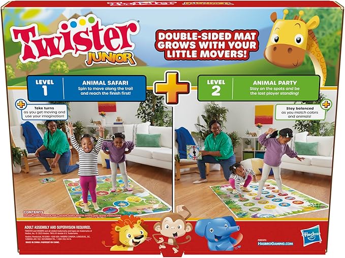 Hasbro Gaming Twister Junior Game, Animal Adventure 2-Sided Mat, 2 Games in 1, Party Game for Kids Ages 3 and Up, Indoor Game for 2-4 Players