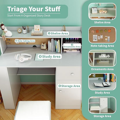 JMMD Kids Desk and Chair Set with Hutch, Wooden Student's Study Desk with Storage Cabinet and Drawer, Children Computer Writing Table for Girls Boys 8-12 Years, White