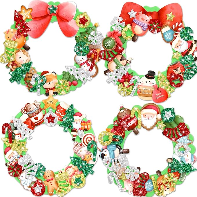 Christmas Foam Wreath Craft Kits 16PCS DIY Christmas Ornament Foam Sticker Holiday Activity for Kids Christmas Party Decoration Supplies