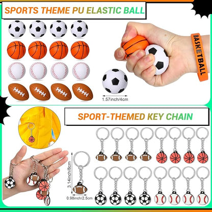 Junkin 162 Pcs Sport Party Favors Sport Party Goodie Bag Fillers Small Sports Balls Sport Wristband Keychains Stickers Bracelet Whistle for Sports Themed Birthday Party Supplies Decoration (Chic)