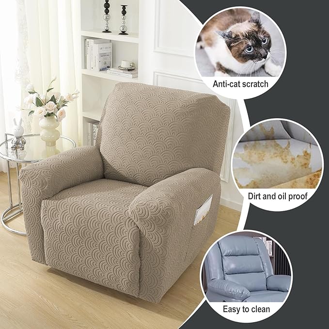 NORTHERN BROTHERS Oversized Recliner Chair Covers - Large Recliner Cover That Stay in Place 4 Piece, Jacquard Lazy Boy Recliner Chair Covers 1 Seater, Khaki