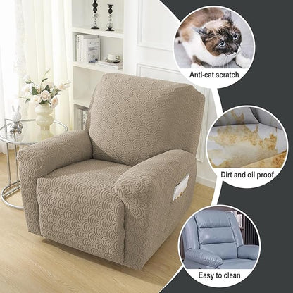 NORTHERN BROTHERS Oversized Recliner Chair Covers - Large Recliner Cover That Stay in Place 4 Piece, Jacquard Lazy Boy Recliner Chair Covers 1 Seater, Khaki