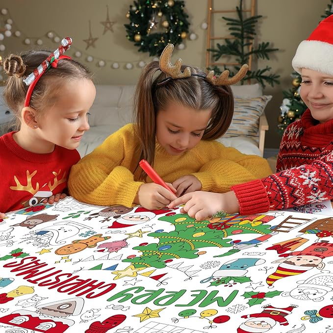 Christmas Giant Coloring Poster for Kids 30x72 Inch, Merry Christmas Large Coloring Tablecloth Banner, Christmas Color-in Activities Games for Kids School Classroom Home Party Supplies Decorations