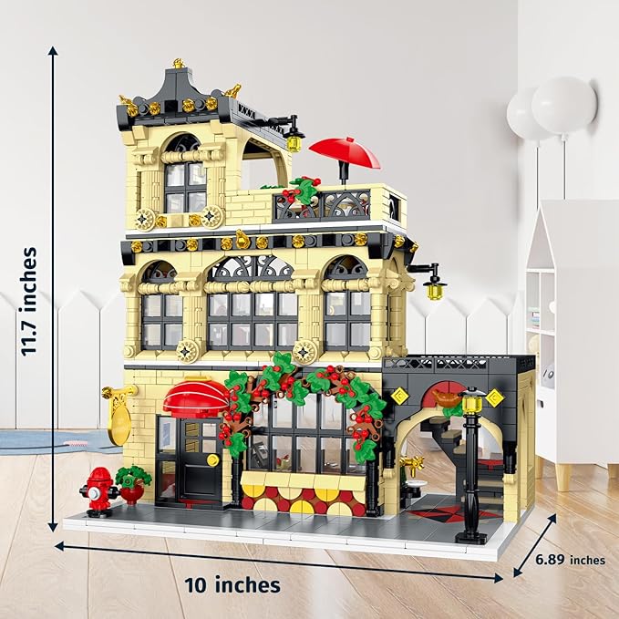 City Restaurant Architecture Building Kit with LED Lights, 3 Levels Restaurant Building Blocks 1489 Pcs City Street View Building Toys Modular House Building Blocks Set for Adult Teen Kids 14+