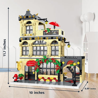 City Restaurant Architecture Building Kit with LED Lights, 3 Levels Restaurant Building Blocks 1489 Pcs City Street View Building Toys Modular House Building Blocks Set for Adult Teen Kids 14+