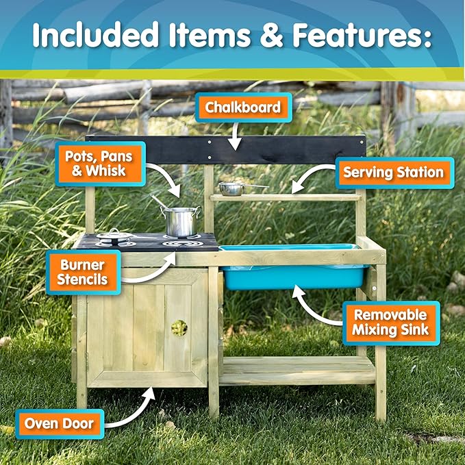 Mud Play Kitchen For Kids - Indoor, Outdoor Wooden Toy Toddler Kitchen Playset with Accessories, Durable, Weatherproof, Removable Sink, Chalkboard, Wood Burner Stencils, Easy Assembly, Ages 3+