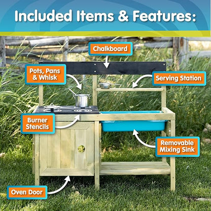 Mud Play Kitchen For Kids - Indoor, Outdoor Wooden Toy Toddler Kitchen Playset with Accessories, Durable, Weatherproof, Removable Sink, Chalkboard, Wood Burner Stencils, Easy Assembly, Ages 3+