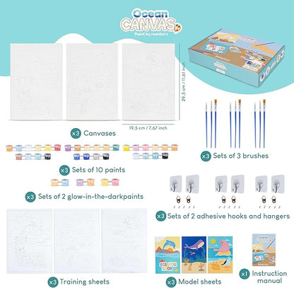 BONNYCO Paint by Numbers Kit for Kids Sea Animals Pack 3 Canvas Paint by Number Canvas, Ocean Gifts for Kids, Arts and Crafts, Kids Paint by Number, Kits Pre Drawn Canvas for Painting for Kids
