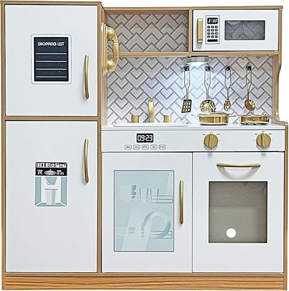 Wooden Play Kitchen Toy Set with Light, Kids Children Pretend Toy Kitchen Playset, Sink Play Toy Oven with Microwave,Toddler Cooking Set Toy for Ages 3+