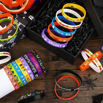JUNEBRUSHS 120pcs Halloween Party Favors Silicone Bracelets Rubber Wristbands for Halloween Trick or Treat Party Kids Goodie Bag Stuffers Fillers Decorations Accessories Supplies(10 Designs)