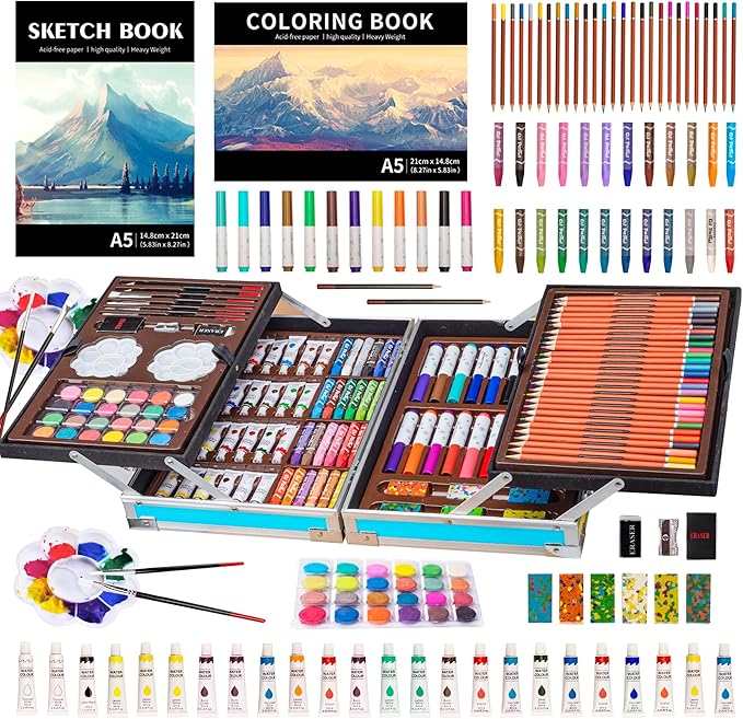 KINSPORY Deluxe Art Supplies Kit for Kids, Boys, Girls, Teens, Ages 5-12, with Sketch Pad, Watercolors, Crayons, Pencils, Markers, Oil Pastels, Palettes, Brushes, Erasers - Blue