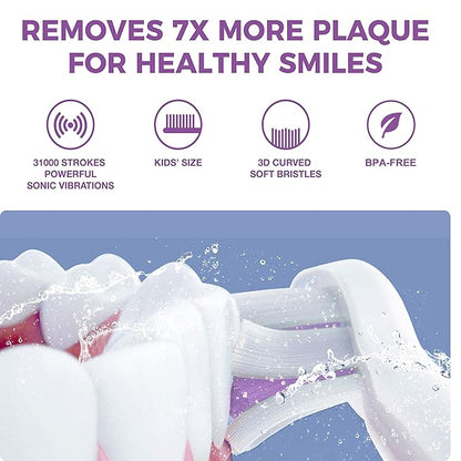 Vekkia Sonic Rechargeable Kids Electric Toothbrush, 3 Modes with Memory, Fun & Easy Cleaning, 24000 Strokes, IPX7 Waterproof, 2-Min Timer for Age 5+, 4 Soft Bristles(Purple)