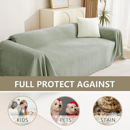MYSKY HOME Chenille Sofa Slipcovers Sage Green Sofa Covers with Tassel Edge L Shaped Sectional Couch Covers for 3 Cushion Couch, Washable Thick Durable Furniture Protector for Dogs Kids 71"x 134"