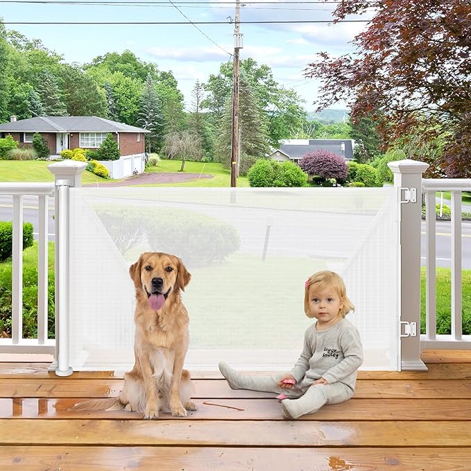 55 Inch Retractable Baby Gates for Dogs Indoor Retractable Dog Gates for The House Retractable Gate for Kids Outdoor Dog Gate for Decks Pet Gate for Stair Deck Gate Child Gate for Doorways (White)