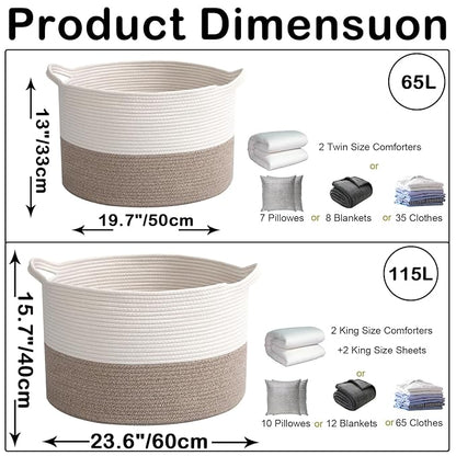 115L Extra Large Woven Cotton Rope Blanket Basket with Handles, Laundry Hamper Storage Bin for Pillows,Clothes, Bedroom and Living Room Organization, White & Brown