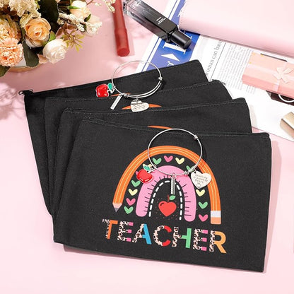 8 Pcs Teacher Appreciation Gift Set for Women, 4 Teacher Makeup Pouch Cosmetic Bags and 4 Bangle Bracelets, Christmas Valentines Thank You Gifts for Teacher (Rainbow Style)