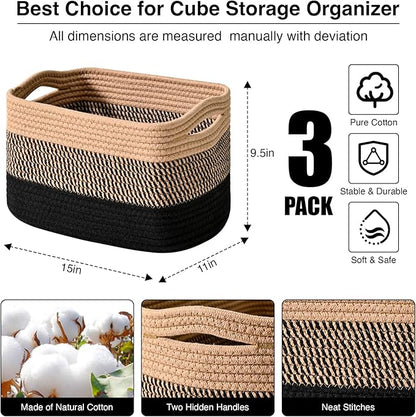 ICERZCZ Storage Baskets for Organizing Shelves, Decorative Baskets for Storage, Woven Cotton Rope Basket for Living Room Bedroom Nursery, 15"x11"x9.5", 3 Packs, Gradient Black & Jute