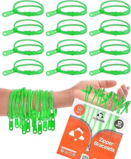 UpBrands 12-Pack Green 7-Inch Zipper Bracelets – Themed Fidget Party Favors for Earth Day, Bulk Sensory Toys for Kids, and Lucky Accessories for St. Patrick’s Day