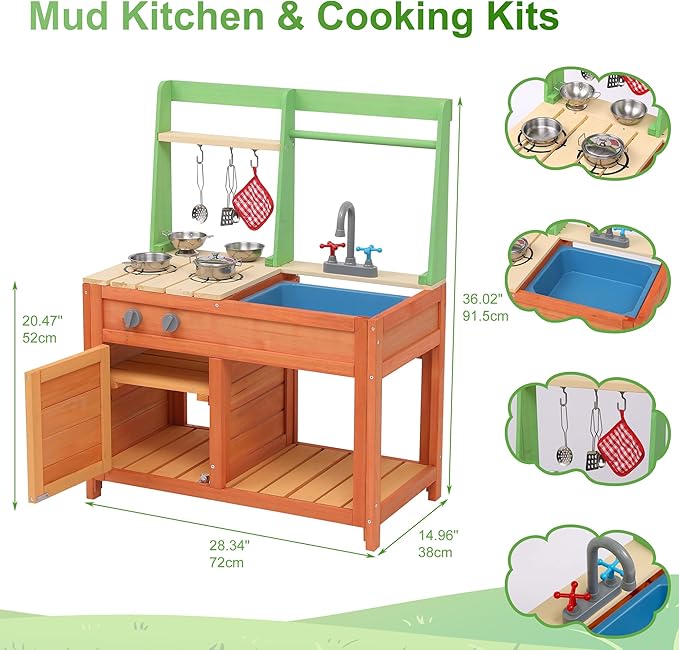 Mud Kitchen for Kids Outdoor - Kids Outdoor Play Kitchen Playset with Cookware Accessories - Perfect for Chef Pretend Play