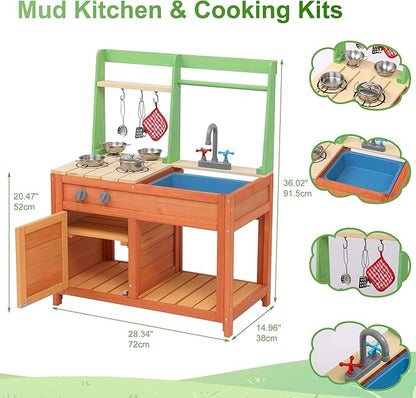 Mud Kitchen for Kids Outdoor - Kids Outdoor Play Kitchen Playset with Cookware Accessories - Perfect for Chef Pretend Play