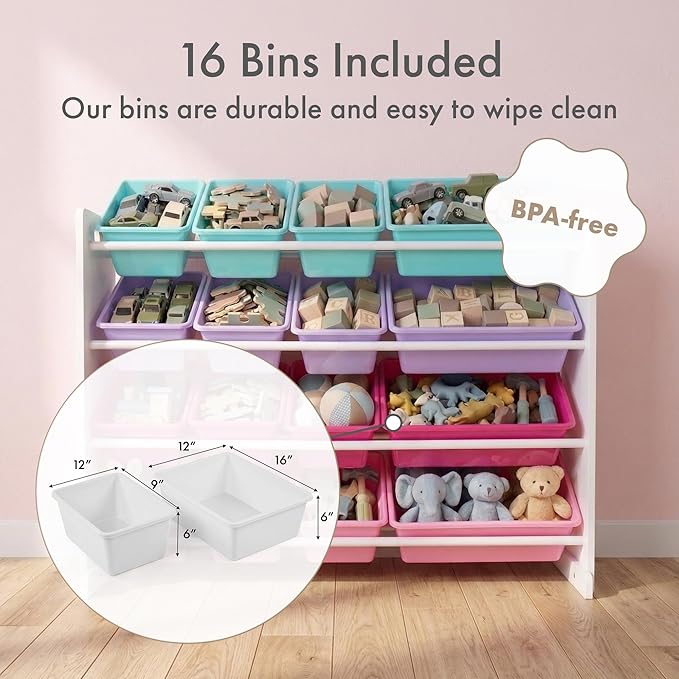 Humble Crew Toy Storage Organizer with 16 Removable Storage Bins for Kids Playroom, 4-Tier Toddler Toy Organization and Storage, White/Blue/Pink/Purple