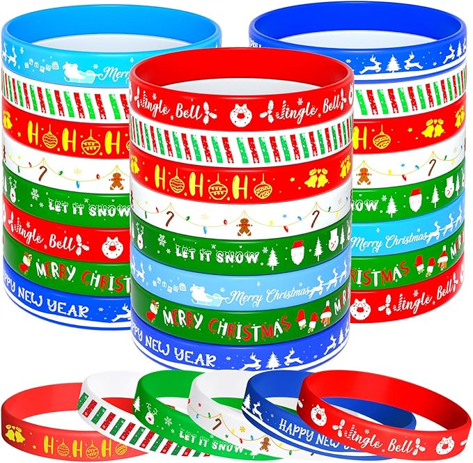NEBURORA 48pcs Christmas Wristband Silicone Bracelets for Kids 8 Style Xmas Pattern Rubber Wristband Wrist Band Bulk for Merry Christmas Classroom Gifts Theme Party Decor Supplies Favor