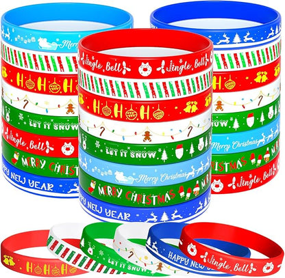 NEBURORA 48pcs Christmas Wristband Silicone Bracelets for Kids 8 Style Xmas Pattern Rubber Wristband Wrist Band Bulk for Merry Christmas Classroom Gifts Theme Party Decor Supplies Favor