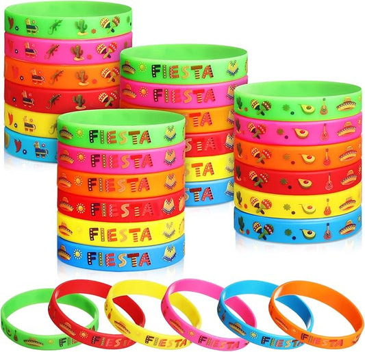 Xinnun 24 Pcs Mexican Fiesta Rubber Bracelets Fiesta Party Silicone Wristbands Mexican Party Favors with Taco Cactus Piñata Pattern for Let's Fiesta Cinco De Mayo Party(Fiesta)