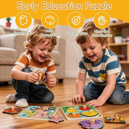 Wooden Toddler Puzzles - 4 Pcs Eco-Friendly Animal Patterns Jigsaw With Handles - Infant Kid Fine Motor Skill Learning Educational Montessori Toys for 1-3 Years Old