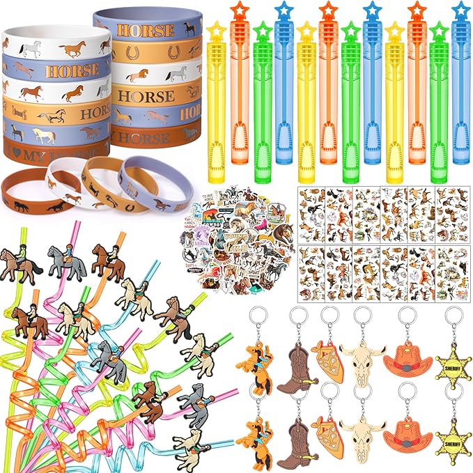 110 Horse Party Favors Western Cowboy Birthday Supplies Straw Bubble Silicone Bracelet Sticker Tattoo Toy Gift Boy Kid Goodie Bag Stuffer Rodeo Animal Horse Themed Party Favors