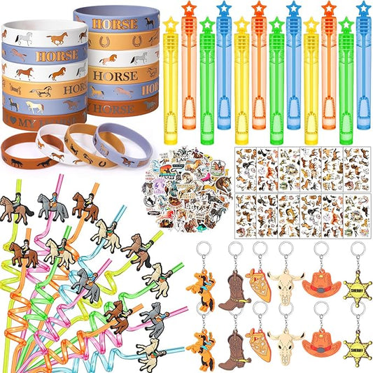 110 Horse Party Favors Western Cowboy Birthday Supplies Straw Bubble Silicone Bracelet Sticker Tattoo Toy Gift Boy Kid Goodie Bag Stuffer Rodeo Animal Horse Themed Party Favors