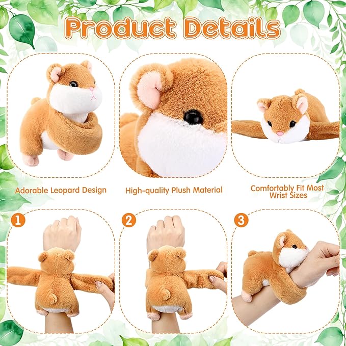 HyDren 4 Pcs Stuffed Animal Slap Bracelets for Kids,8 Inch Plush Snow Leopard Hamster Hugger Slap Bracelets Bulk Toy Hug Snap Wristbands for Girls Boys Birthday Gifts Party Favors (Hamster)