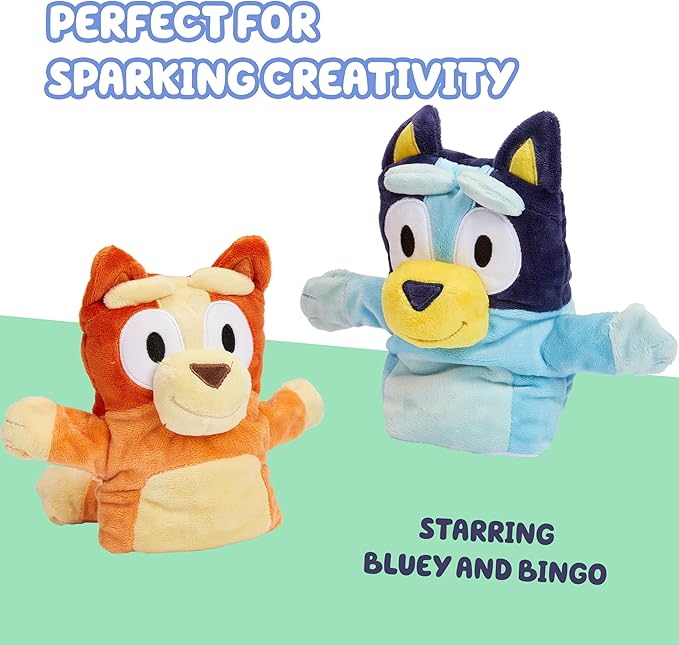 Bluey Wooden Puppet Theater for Kids Playset, 20" Kids Pretend Stage Puppets, Interchangeable Fabric Backdrops & Roll-Down Curtain