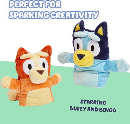Bluey Wooden Puppet Theater for Kids Playset, 20" Kids Pretend Stage Puppets, Interchangeable Fabric Backdrops & Roll-Down Curtain