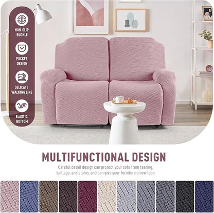 KinCam Recliner Covers, Stretch Reclining Chair Covers, Recliner Sofa Slipcovers Stripe Jacquard Recliner Couch Covers Furniture Protector Covers for Pet Kid (2 Seater, Pink)