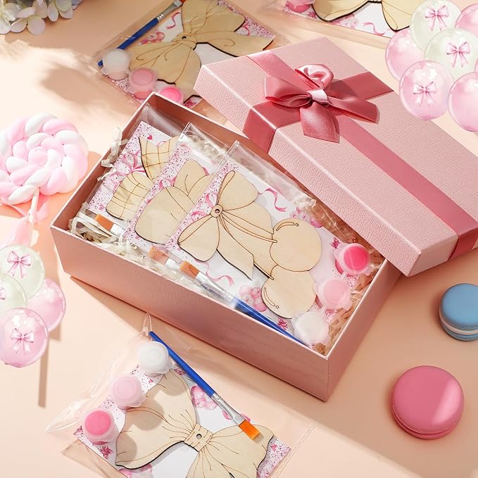 Saypacck 24 Pcs Party Favors Wooden Painting Craft Kits Wild West Party Supplies with Organza Bag for Rodeo Western Farm Barnyard Birthday Favors Goodie Bags Fillers(Bowknot Style)