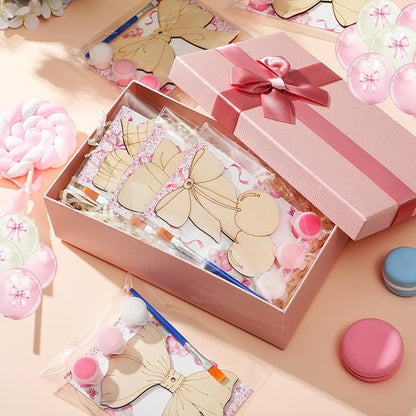 Saypacck 24 Pcs Party Favors Wooden Painting Craft Kits Wild West Party Supplies with Organza Bag for Rodeo Western Farm Barnyard Birthday Favors Goodie Bags Fillers(Bowknot Style)