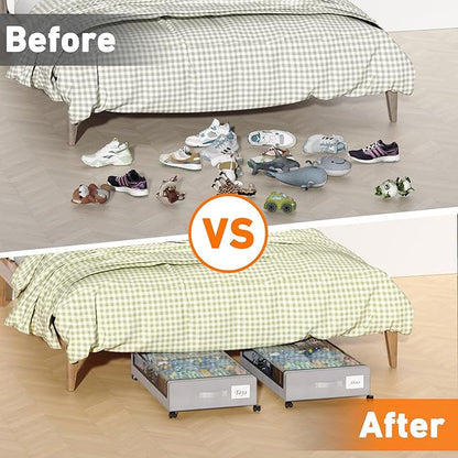 Under Bed Storage with Wheels, 2 Pack Under Bed Storage Containers with Dividers & Clear Lids, XXL 65L Under the bed storage Organizer Bins, Underbed Storage with Wheels for Clothes (Gray, 2 Pack)