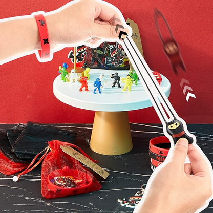84 Pcs Ninja Party Favors Include 12 Stretchy Flying Ninjas, 24 Mini Ninja Figurines, 12 Ninja Silicone Wristbands, 12 Ninja Keychains, 12 Red and Black Organza Bags and 12 Gift Tags for Birthday