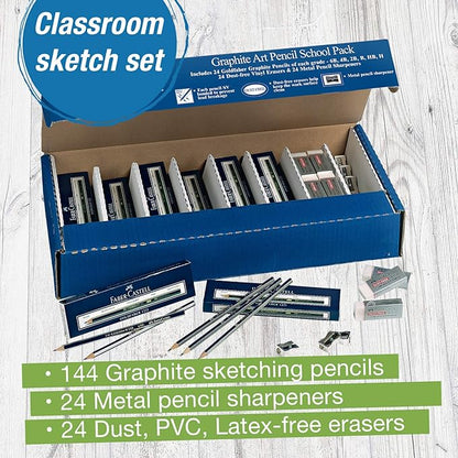 Faber-Castell Creative Studio Graphite Art Pencil School Pack - 144 Graphite Pencils - 24 Pencil Sharpeners - 24 Pencil Eraser