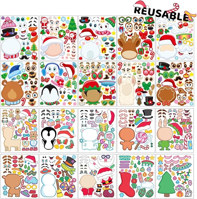 JOYIN Christmas 20 Pcs Make-a-face Stickers, 10 Pcs Coloring Book, 10 Pcs Rainbow Color Scratch, Christmas Art & Craf Kit Combo Set for Kids Girls and Boys, Holiday Presents and Party Favors