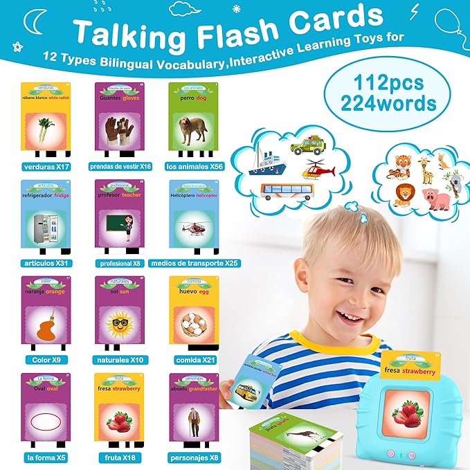 Spanish Flash Cards for Kids Toddlers 1-3, Bilingual Buddy Talking Flash Cards, Spanish Learning for Kids, Pocket Speech Therapy Toys, Montessori Language Learning Toys, 224 Sight Words