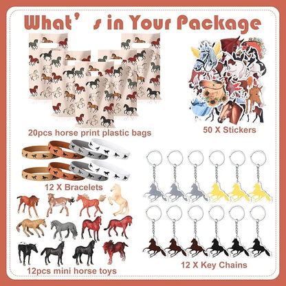 106 Pc Horse Party Favors Set - Supplies Include 20 Bags, 12 Silicone Bracelets, 12 Keychains, 12 Mini Toys & 50 Stickers for Horse Party