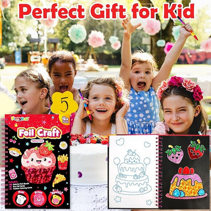 Foil Art Craft Activity for Kids: Fun DIY Toy Sticker Kit, No Mess Creative Travel Supply Set, Idea Birthday Easter Basket Stuffers Valentines Gift for Girl Boy Toddler 4 5 6 7 8 9 Year Old (Food)