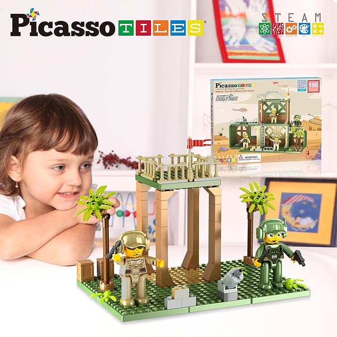 PicassoTiles Magnet Tile Building Brick Blocks Military Combat Force Theme Magnetic Tiles Construction Block Playset 4 Character Action Figures with Weapons Interlocking Bricks STEM Toy Ages 3+ PTL18