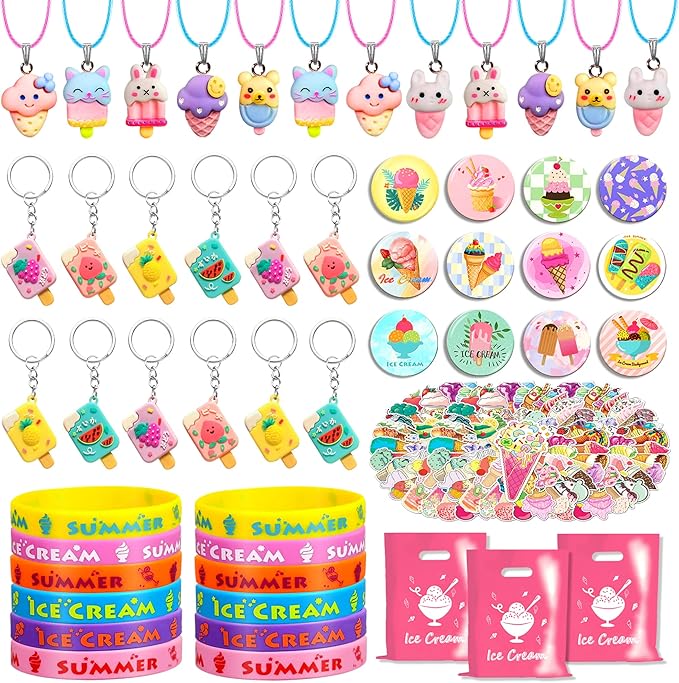 110 PCS Ice Cream Party Favors Cute Ice Cream Necklace Goodie Bags with Keychains, Stickers, Rubber Bracelets, Button Pins and Bags for Summer Themed Birthday Party Baby Shower